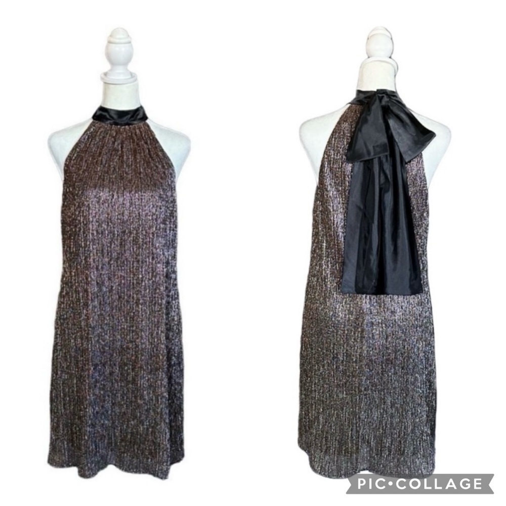 Laundry by Shelli Segal Metallic Gold & Black Satin Bow Halter Mini Dress Sz 6